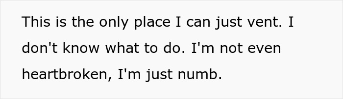 Text on a white background expressing emotional numbness after discovering a husband&rsquo;s affair baby while setting up a WIC profile at work.