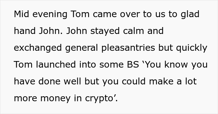Text excerpt from a reunion story where a man calmly handles a former bully&rsquo;s attempt to boast about crypto earnings.