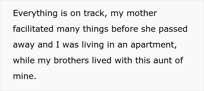 Text describing a sister&rsquo;s story about unwanted siblings and adoption, mentioning living arrangements after their mother passed away.