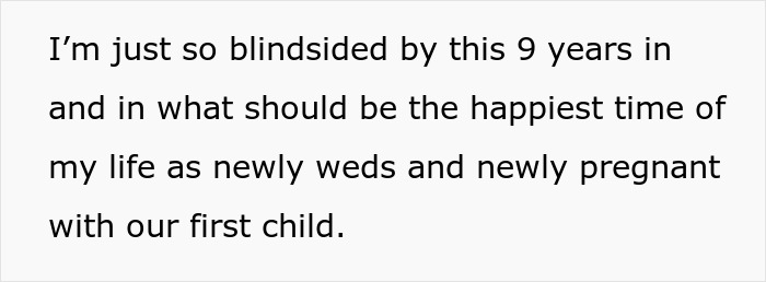 Text showing a pregnant wife feeling blindsided after husband says he loves her but isn&rsquo;t in love.