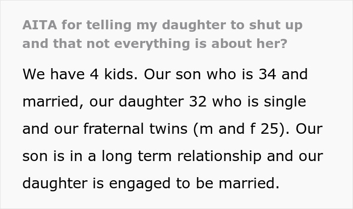 Text excerpt about a single sister struggling with her sibling's engagement and family dynamics.