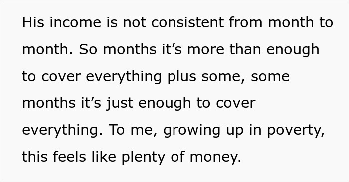 Text describing inconsistent income and financial struggles, reflecting hurt feelings of a working mom with an ignorant husband.