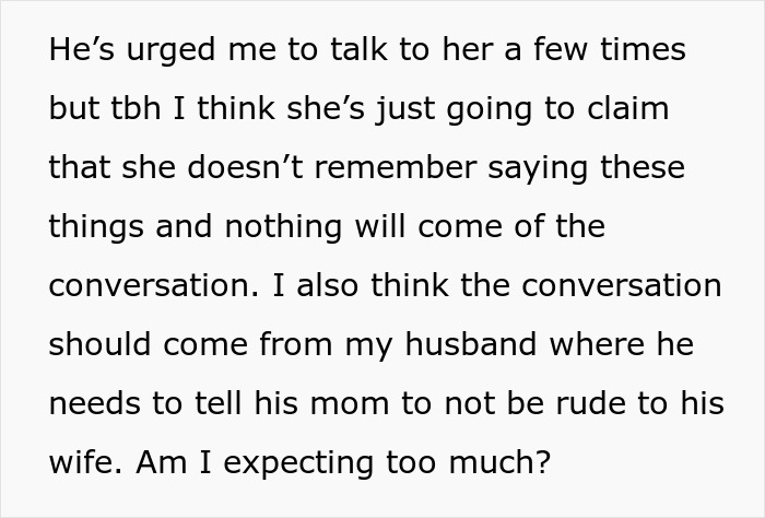 Text excerpt about a husband urged to confront his rude mother-in-law regarding years of rude comments.