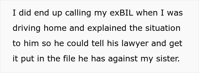 Text about calling ex brother-in-law to involve lawyer related to dispute with sister after woman brings kids home.