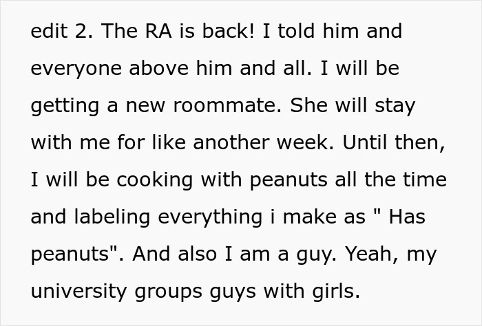 Text excerpt discussing a roommate cooking with peanuts and labeling food for a peanut allergy safety precaution.