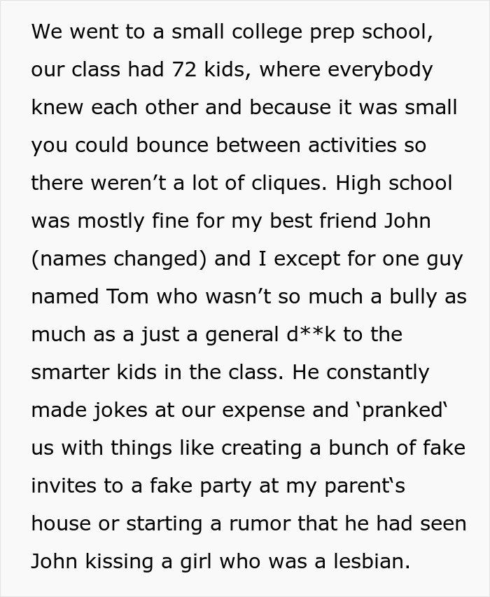 Text excerpt from a story about a man confronting his former bully and ego at a class reunion years later.
