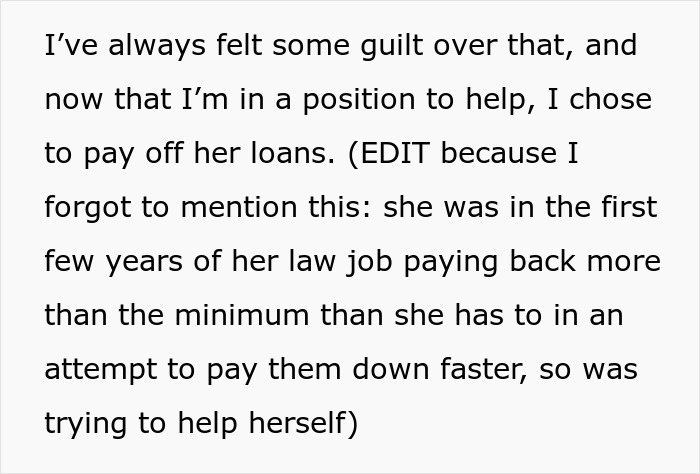 Parent paying off daughter student loans to help reduce her financial burden after law school years.