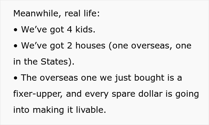Text excerpt discussing real life challenges, including kids, owning two houses, and fixing the overseas home livable.
