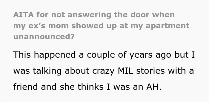 Text excerpt about woman showing up unannounced at ex-DIL’s doorstep, discussing MIL stories and calling the cops. Text excerpt about woman showing up unannounced at ex-DIL’s doorstep, discussing MIL stories and calling the cops.