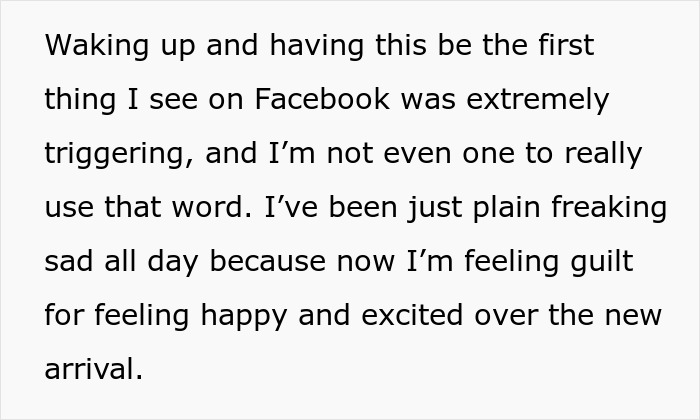 Text expressing sadness and guilt after MIL hijacks woman's pregnancy announcement on Facebook.