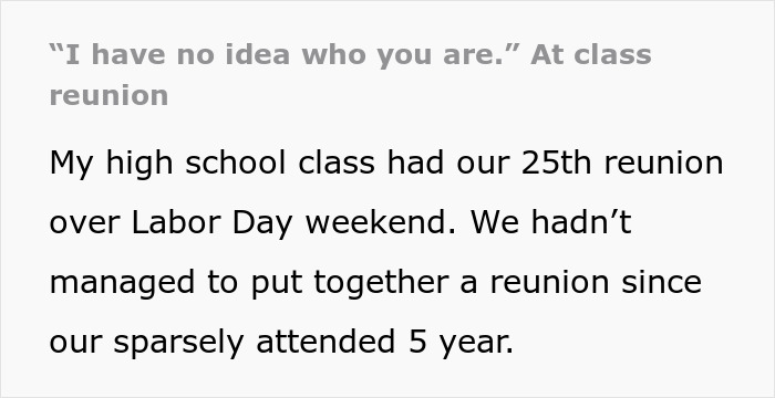 Man attending high school class reunion, confidently addressing former bully and crushing his ego 25 years later.