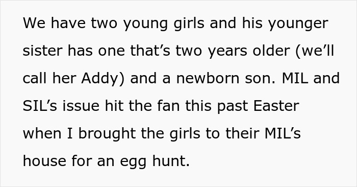 Text excerpt discussing SIL conflict after kids talk about Easter gifts during a family egg hunt at the MIL&rsquo;s house.
