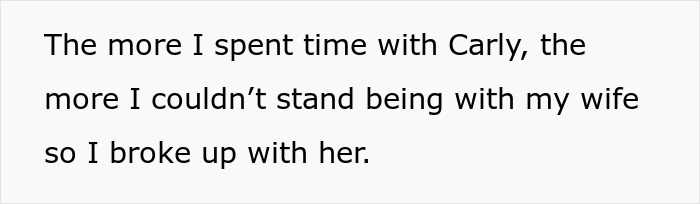 Text on screen about a man reflecting on how an online affair led him to break up with his wife, causing guilt over ruining marriage.