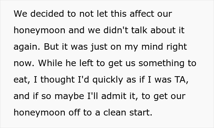 Text excerpt discussing thoughts about honeymoon despite a suitcase and bikini criticism in a personal reflection.