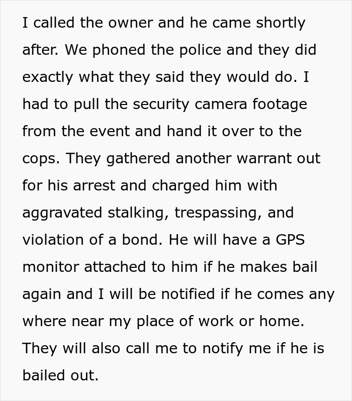 Text excerpt discussing police action after a stalker customer found home and rang the doorbell.