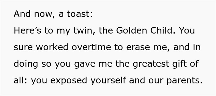 Alt text: Bride tries to erase twin during wedding toast, revealing family favoritism and sibling rivalry in emotional moment.