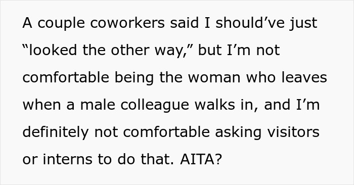 Text excerpt discussing discomfort with a male colleague using the ladies&rsquo; restroom, highlighting feelings of being unsafe.