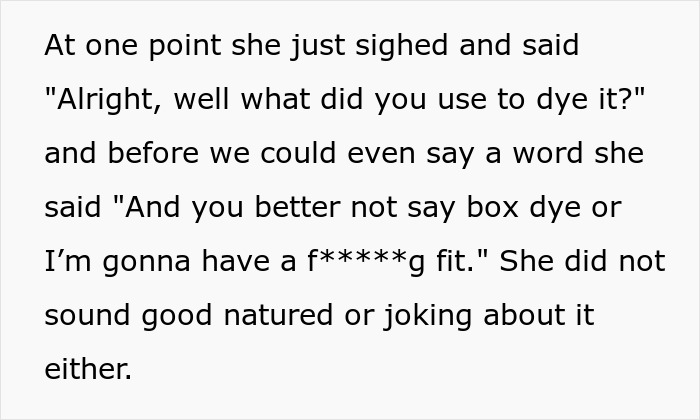 Text excerpt showing rude salon employee refusing to sell box dye and reacting negatively to its mention. Text excerpt showing rude salon employee refusing to sell box dye and reacting negatively to its mention.