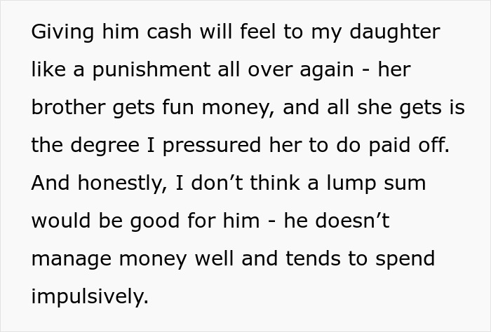 Text about paying off daughter student loans, discussing concerns over money management and family financial fairness.