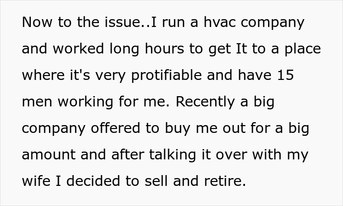 Text about stepdad running a successful hvac business, deciding to retire after selling to a big company offer.