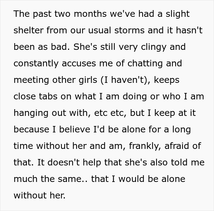 Text excerpt describing a clingy girlfriend who wants to quit job after winning the lottery, causing relationship tension.