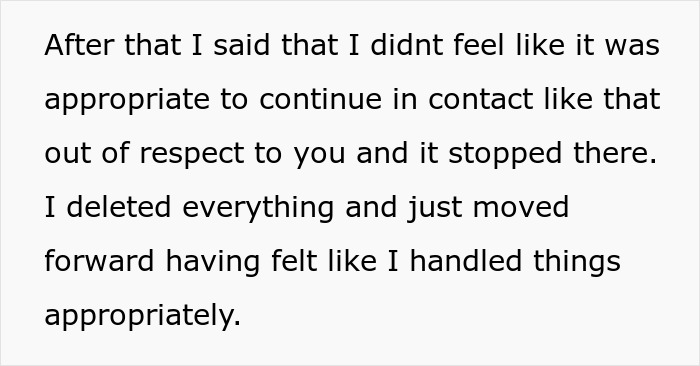 Text from a message explaining ending contact respectfully and moving forward, related to found another woman valentine card context.