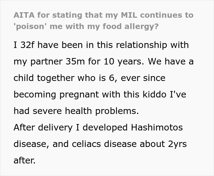 Text post discussing a woman calling out MIL for purposely triggering her food allergies and health issues. Text post discussing a woman calling out MIL for purposely triggering her food allergies and health issues.