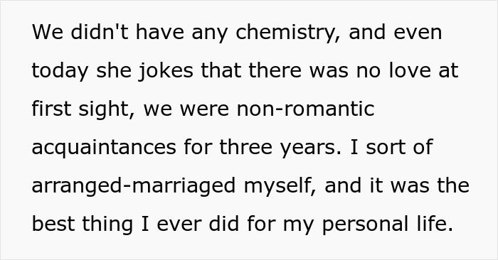Text excerpt discussing arranged marriage decision influenced by brains over romance, highlighting robotically calculated choice.