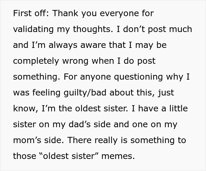 Text conversation about oldest sister role and feeling guilty, related to 40yo aunt refusing free sitting and family guilt. Text conversation about oldest sister role and feeling guilty, related to 40yo aunt refusing free sitting and family guilt.