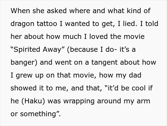 Alt text: Person sharing a story about lying for their pick me girl tattoo inspiration featuring a dragon wrapped around their arm.