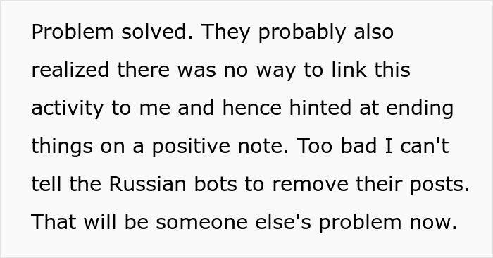 Text excerpt showing mention of Russian bots used to disrupt social media after funds are locked by a bank.