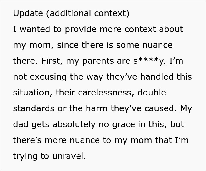 Text excerpt discussing the nuance of a single mom abandoning toddler and parents restarting life.
