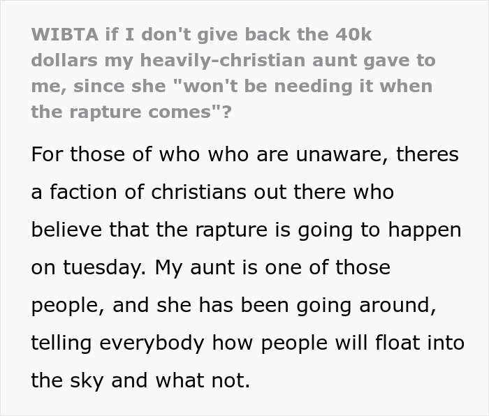 Alt text: Text discussing a heavily-Christian aunt and the rapture belief related to money and dollars.