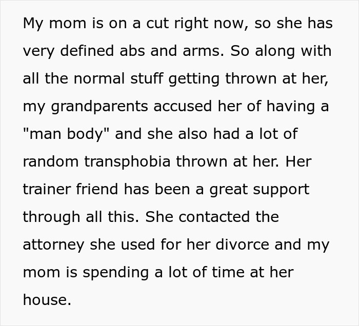 Text excerpt discussing mom's fitness journey, family criticisms, transphobia, and support from a trainer amid divorce challenges.