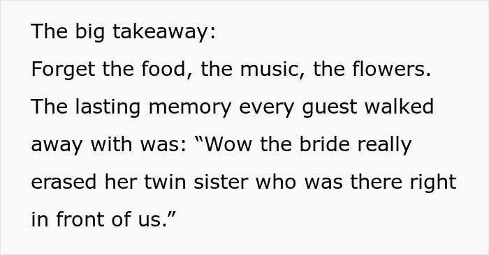 Text on a screen describing how a bride tries to erase her twin sister at the wedding, exposing family favoritism.