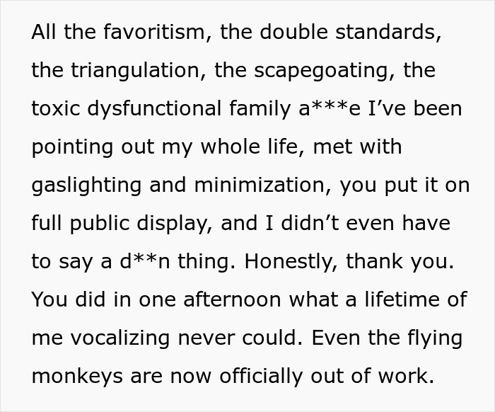 Text highlighting family favoritism, double standards, and toxic dynamics exposed during a wedding involving twins.