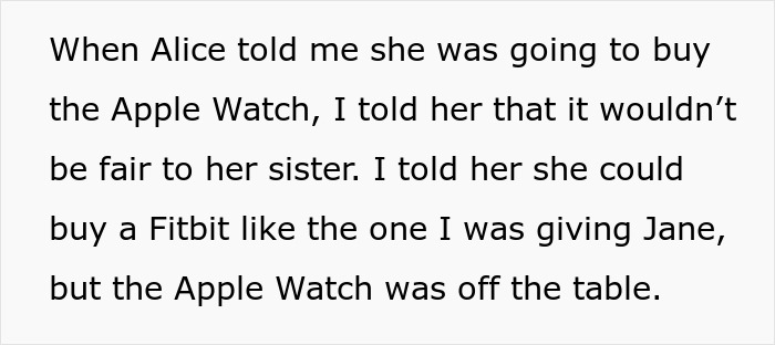 Text on white background about a mom telling her daughter she can't buy items deemed too expensive to keep fairness with sibling.
