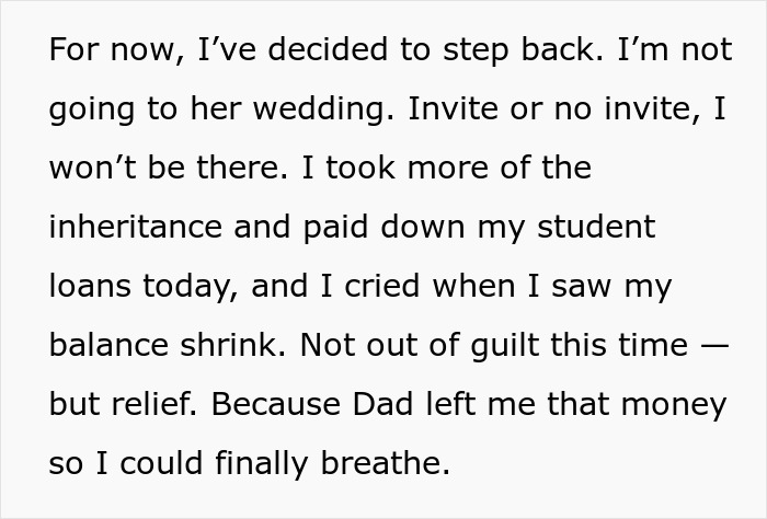 Text showing a woman deciding not to attend her sister&rsquo;s wedding due to conflicts over a $30K wedding gift.