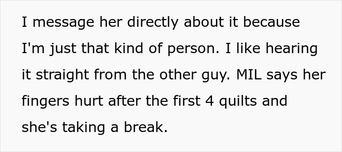 Text conversation about MIL refusing to make a family quilt, causing upset for a childfree woman online. Text conversation about MIL refusing to make a family quilt, causing upset for a childfree woman online.