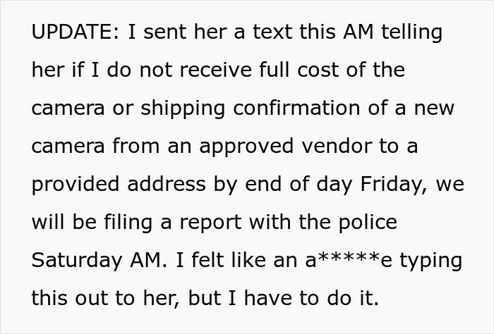 Text message update about confronting a friend over a stolen camera and planning to file a police report.