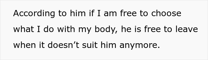 Man gives wife an ultimatum over plastic surgery, discussing control and freedom in their relationship.