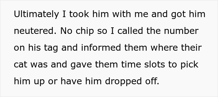 Text describing a cat owner handling the neutering process by contacting the owner and arranging pick-up or drop-off.