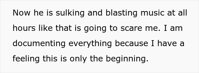 Text excerpt describing an entitled neighbor causing a disturbance and documenting behavior after a driveway dispute.