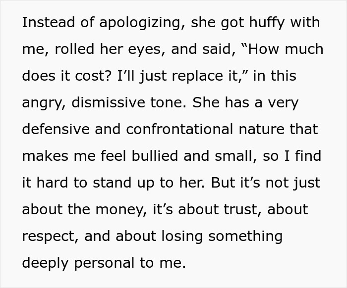 Text describing a tense conversation about a purse fiasco ending a 15-year friendship over trust and respect issues.