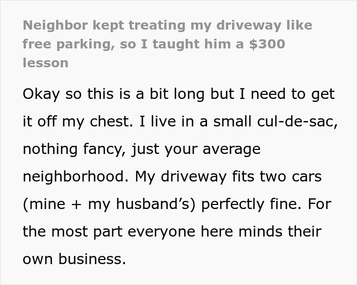Text excerpt from a story where a nurse confronts a neighbor repeatedly using her driveway without permission.