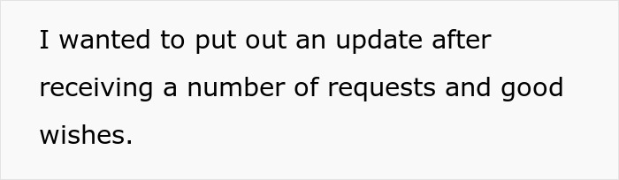 Text image with a statement about wanting to provide an update after receiving requests and good wishes related to artificial insemination plans.