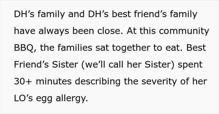 Text excerpt describing a family BBQ where a child&rsquo;s severe egg allergy is discussed among close families.