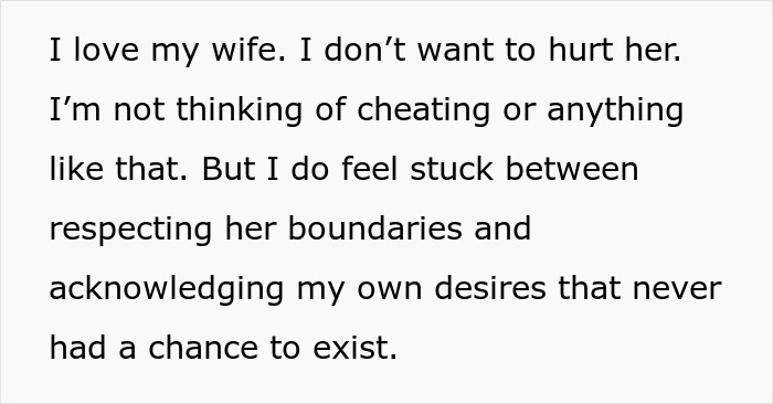 Text excerpt showing a husband expressing feeling stuck between respecting his wife&rsquo;s intimacy boundaries and his own desires.