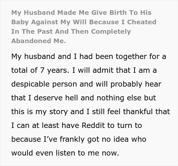 Alt text: Excerpt from a personal story about husband coercing wife into pregnancy as punishment for cheating.