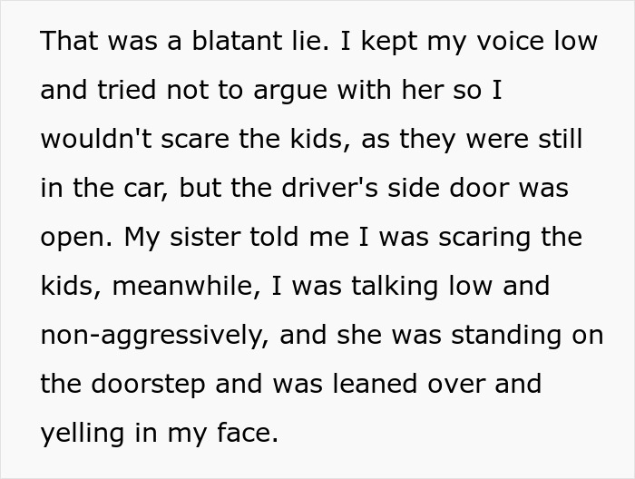 Text excerpt showing a tense conversation between sisters while children remain in the car, highlighting conflict and accusations.